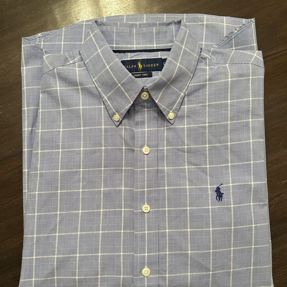 Ralph Lauren Luxury Twill Men's Light Blue Plaid Shirt - size LARGE